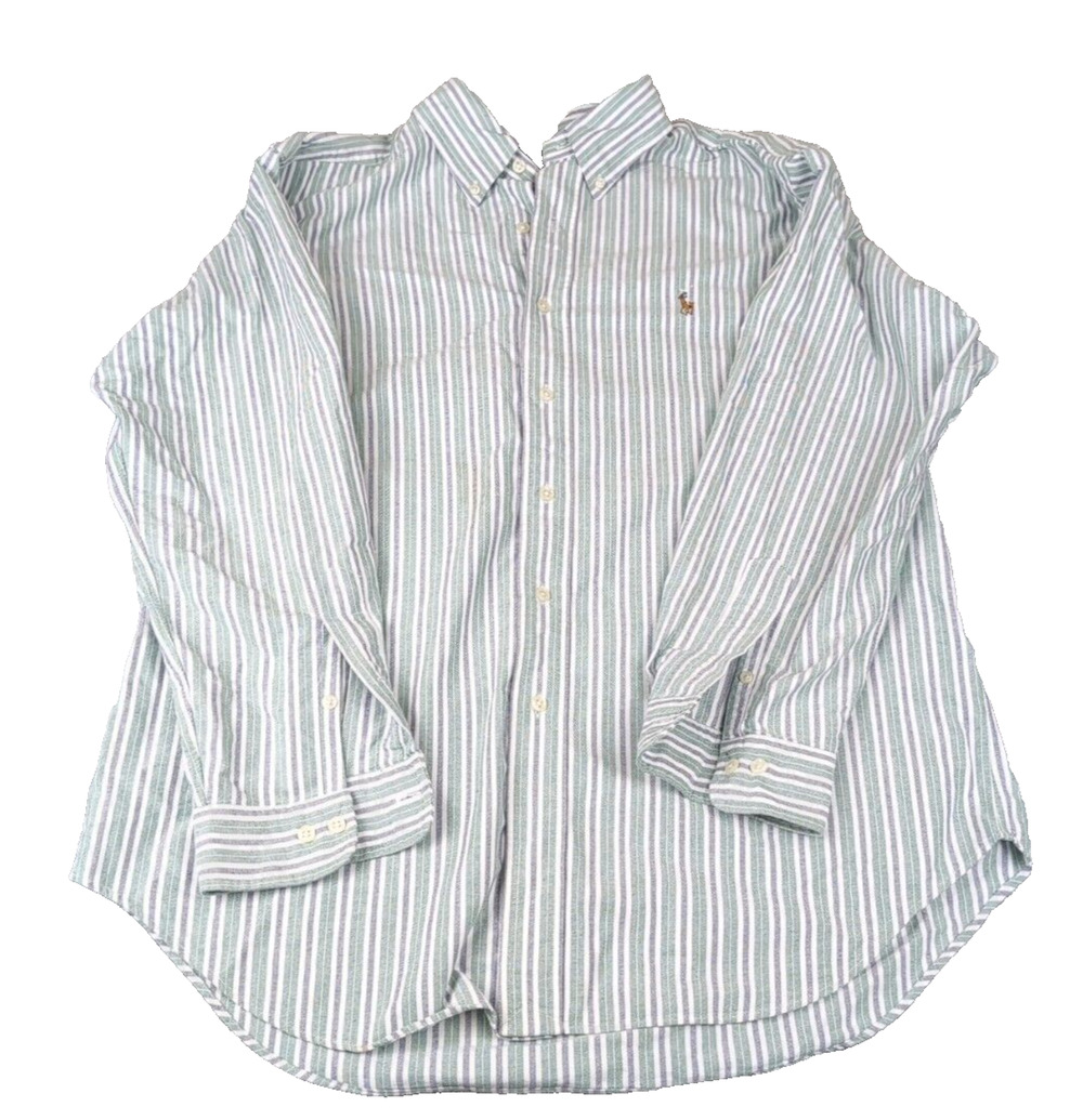 Ralph Lauren Vtg Oxford Shirt Men's Green Striped Classic Fit 16.5/32-33 Pony